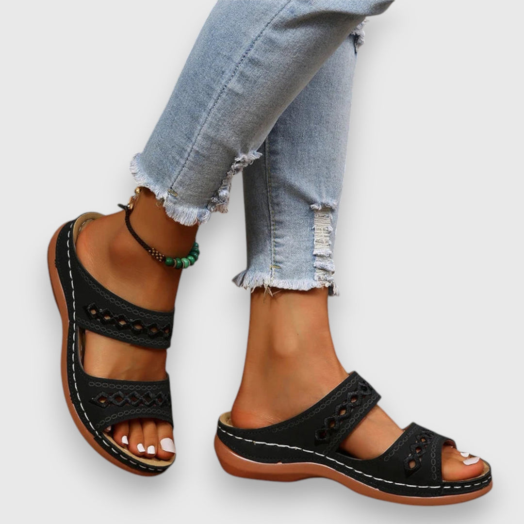 Leona | Flat Slide Sandals with Embroidered Straps