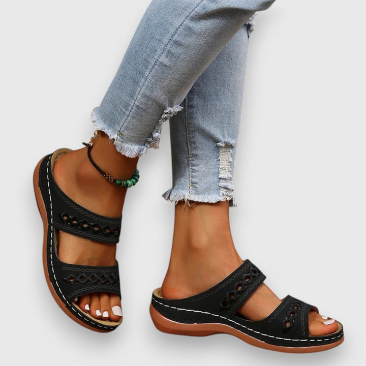 Leona | Flat Slide Sandals with Embroidered Straps