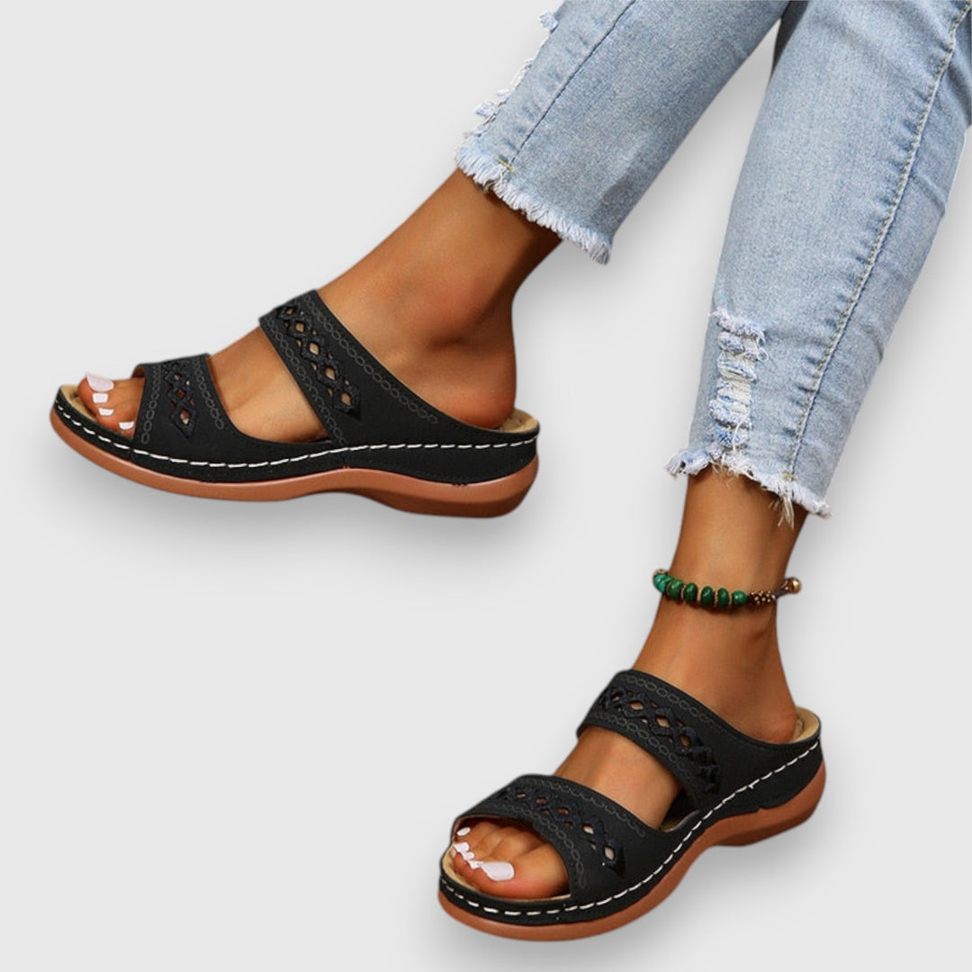 Leona | Flat Slide Sandals with Embroidered Straps