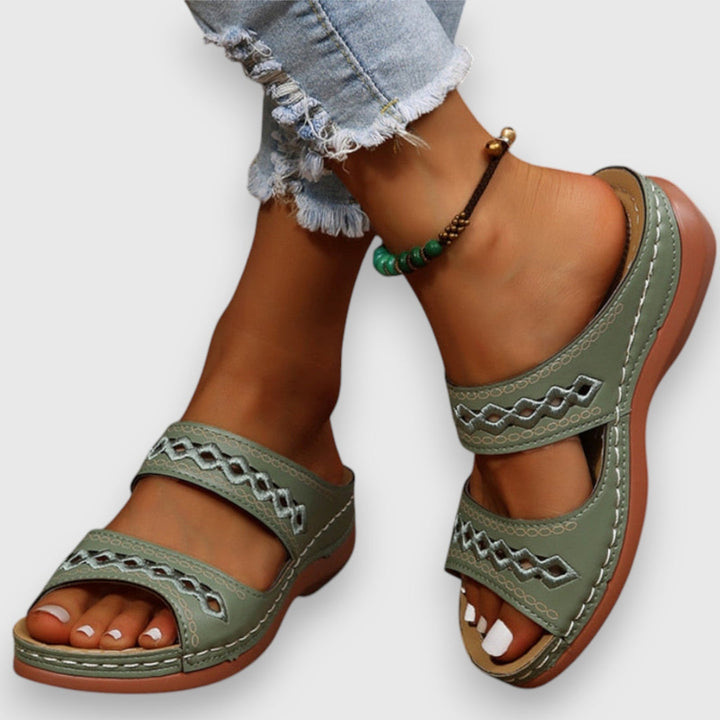 Leona | Flat Slide Sandals with Embroidered Straps