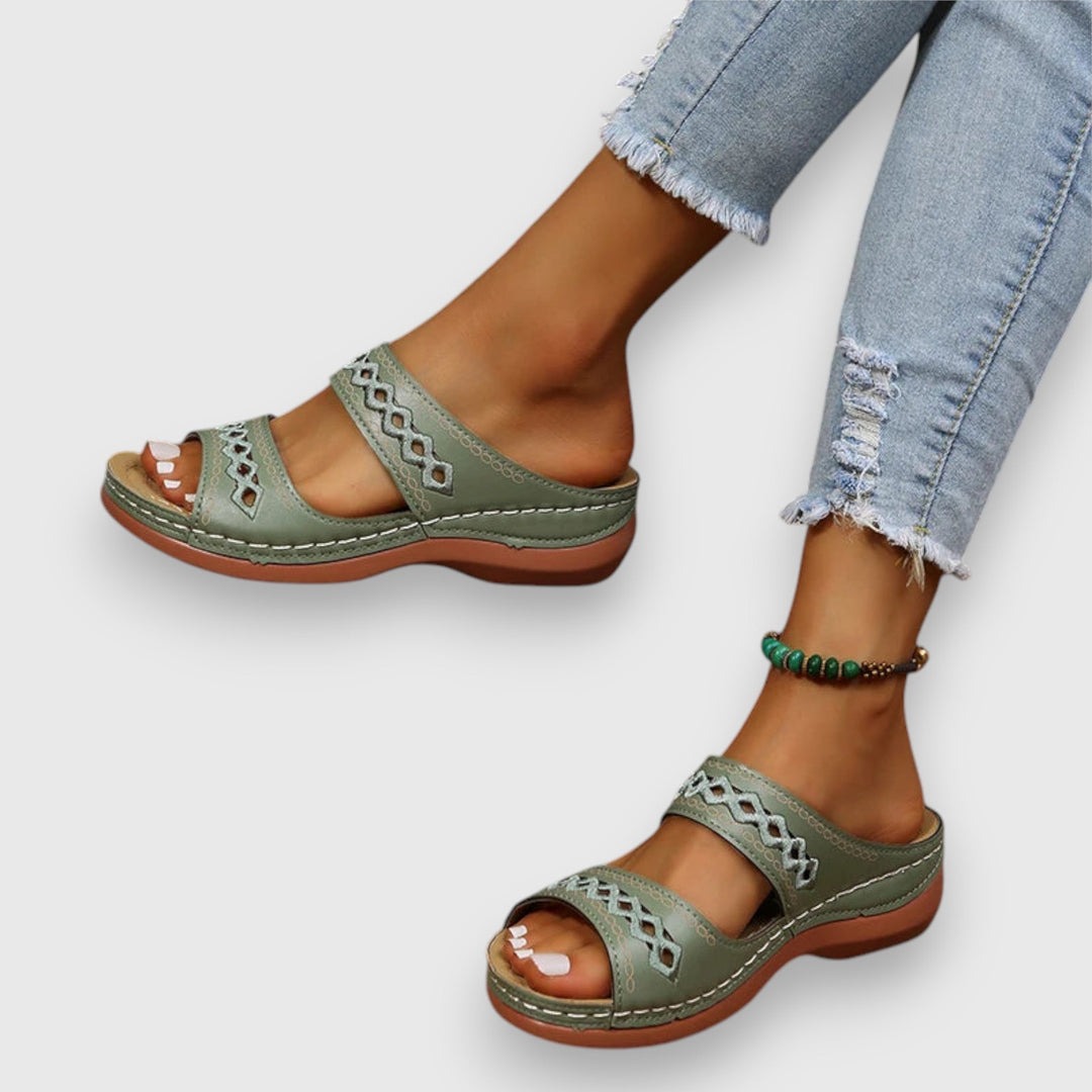 Leona | Flat Slide Sandals with Embroidered Straps