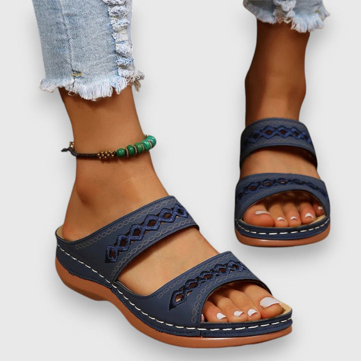Leona | Flat Slide Sandals with Embroidered Straps