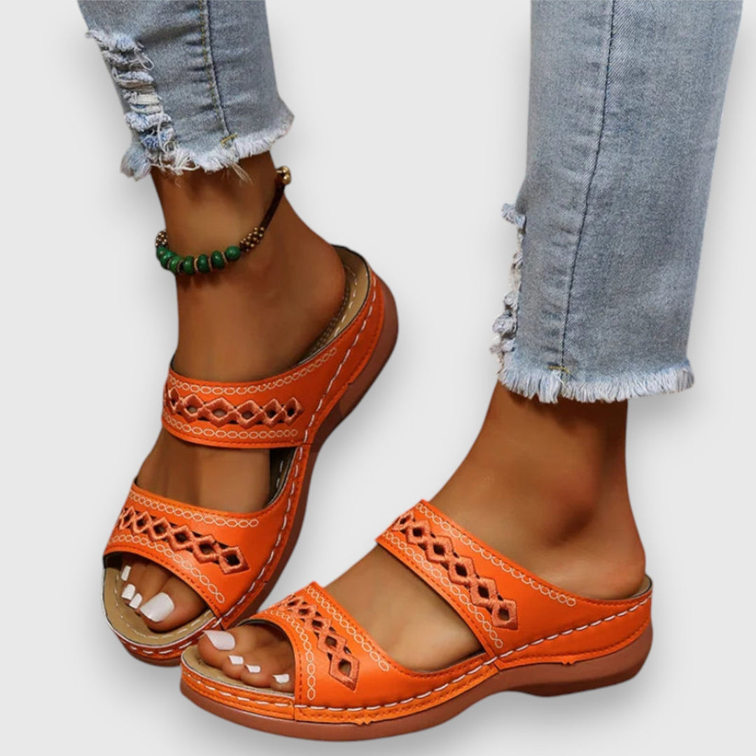 Leona | Flat Slide Sandals with Embroidered Straps