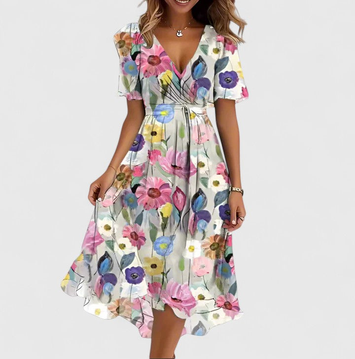 Lillian | Chic Floral V Neck Midi Dress
