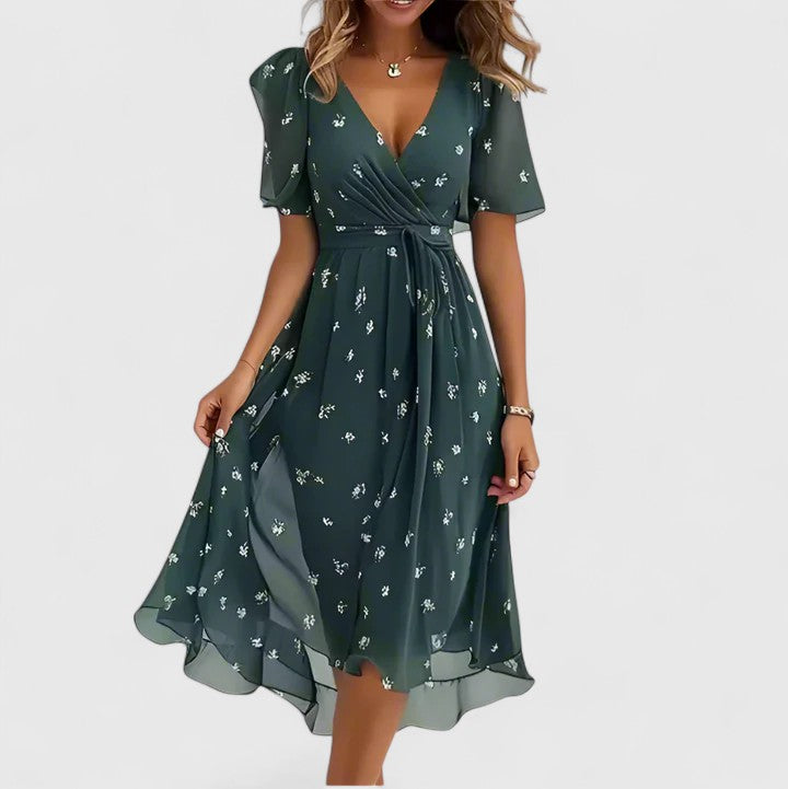 Lillian | Chic Floral V Neck Midi Dress