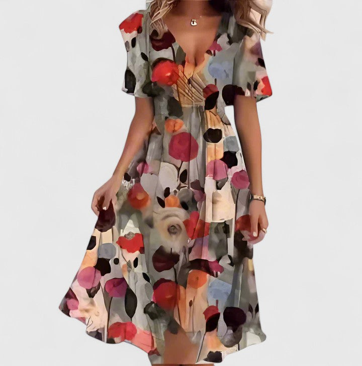 Lillian | Chic Floral V Neck Midi Dress