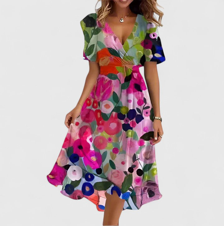 Lillian | Chic Floral V Neck Midi Dress