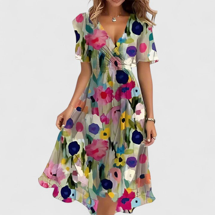 Lillian | Chic Floral V Neck Midi Dress