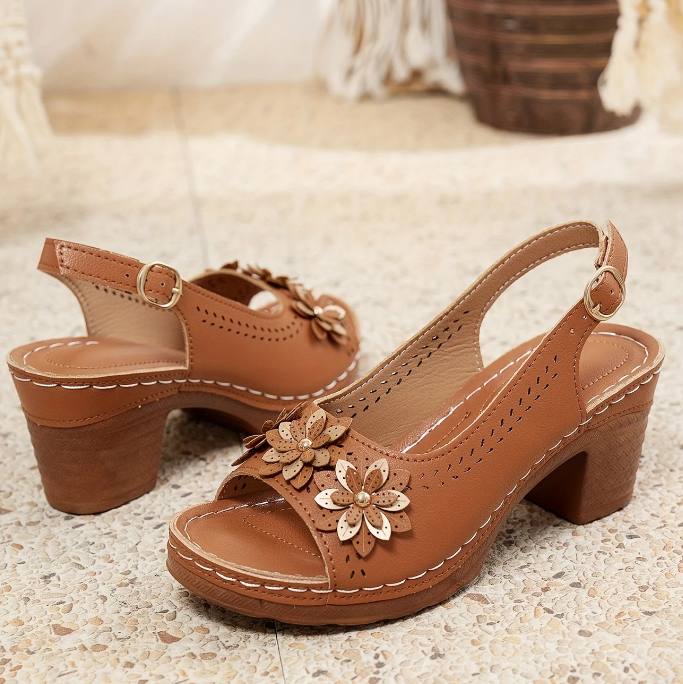 Lilou | Block Heel Sandals with Floral Detail