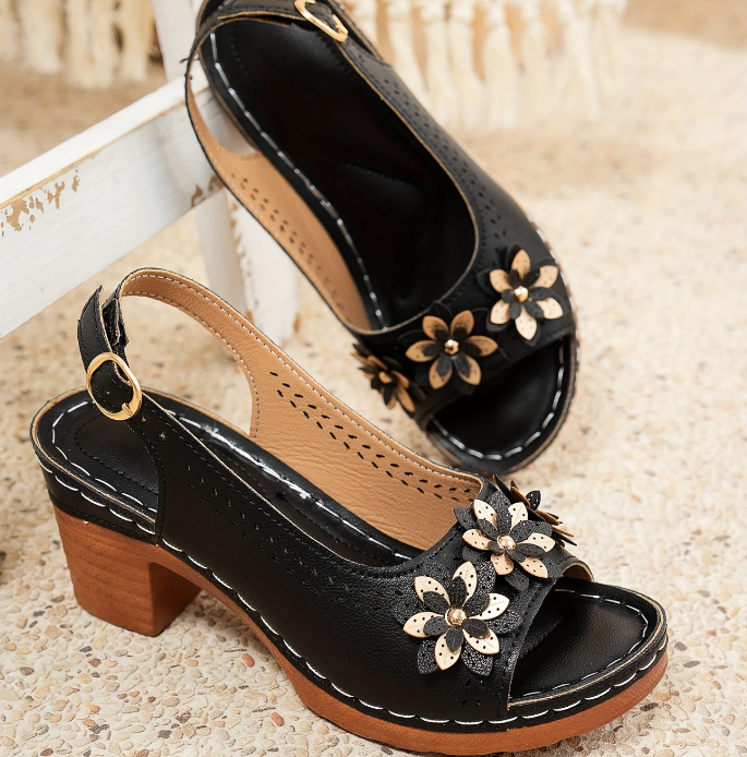Lilou | Block Heel Sandals with Floral Detail