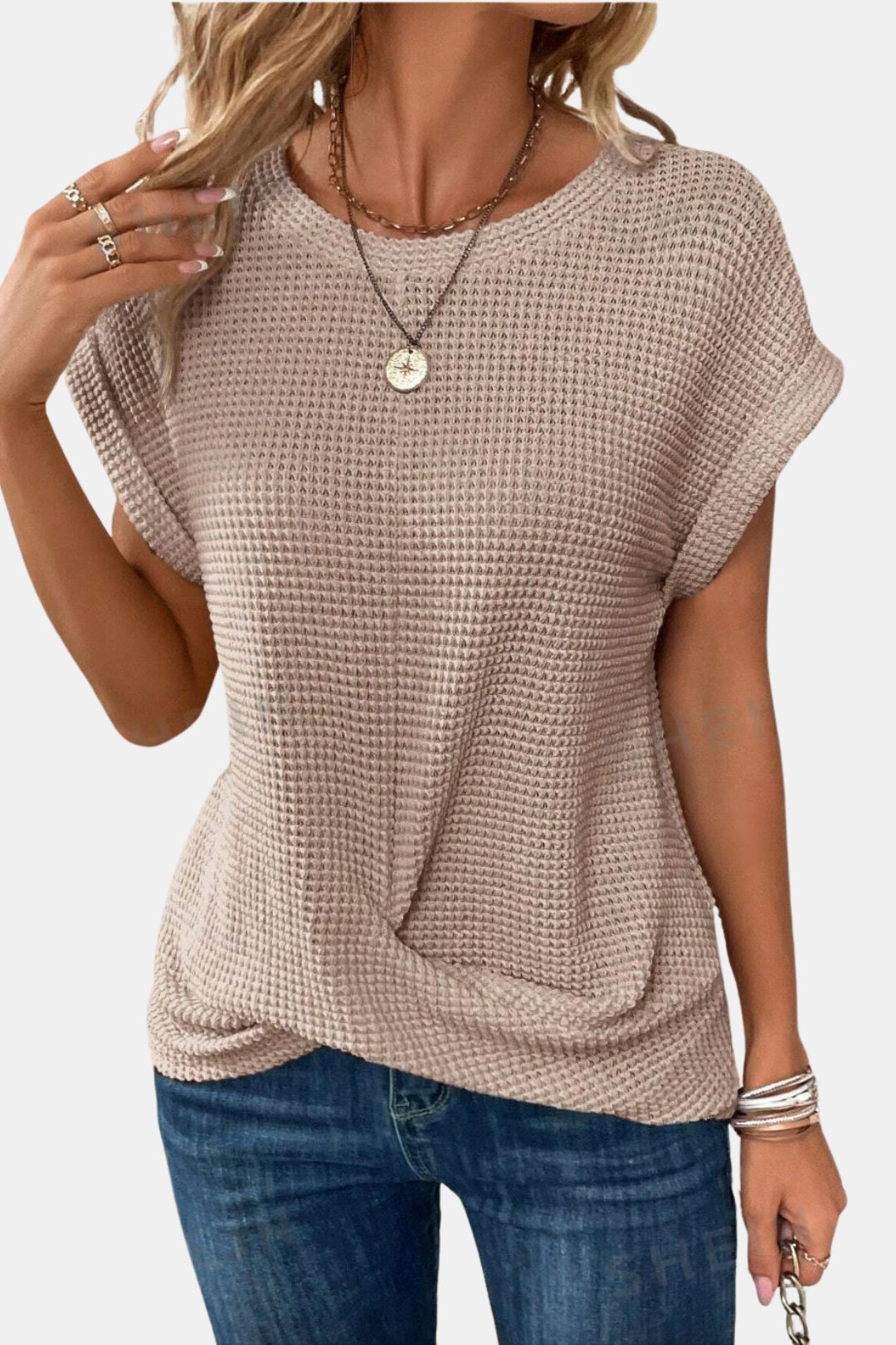 Lorylessa | Waffle Knit T Shirt with Twist Front