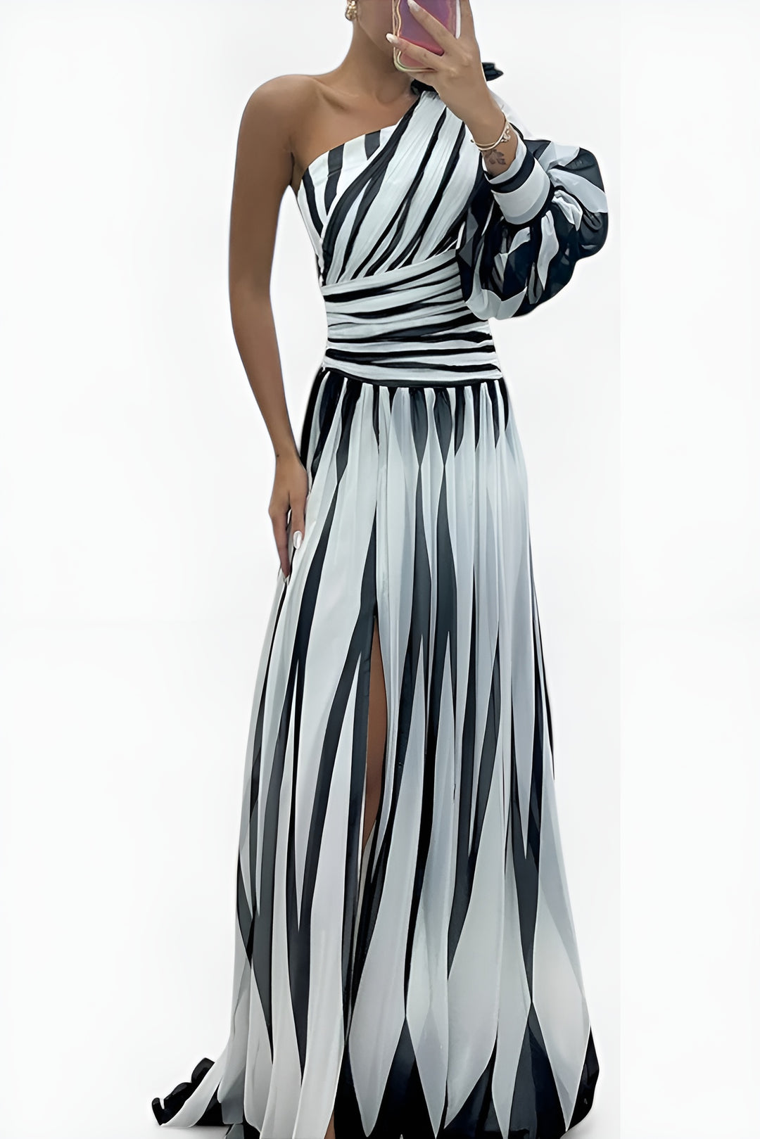 Loryvessa | One Shoulder Pleated Maxi Dress with Puff Sleeve