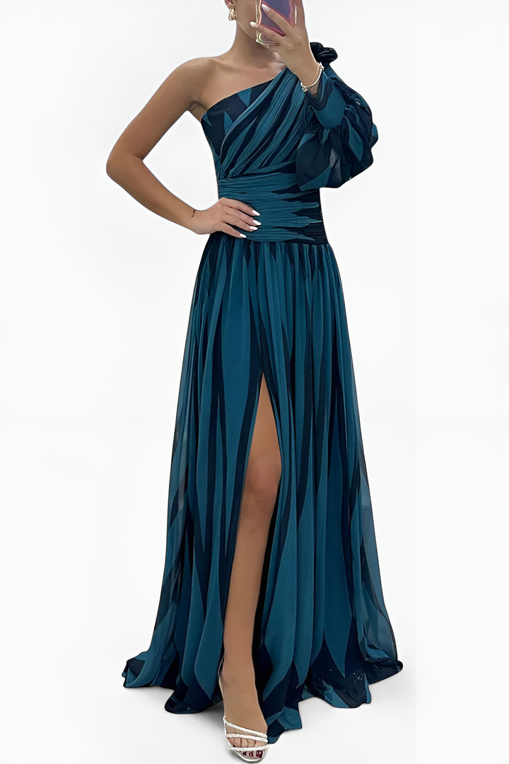 Loryvessa | One Shoulder Pleated Maxi Dress with Puff Sleeve
