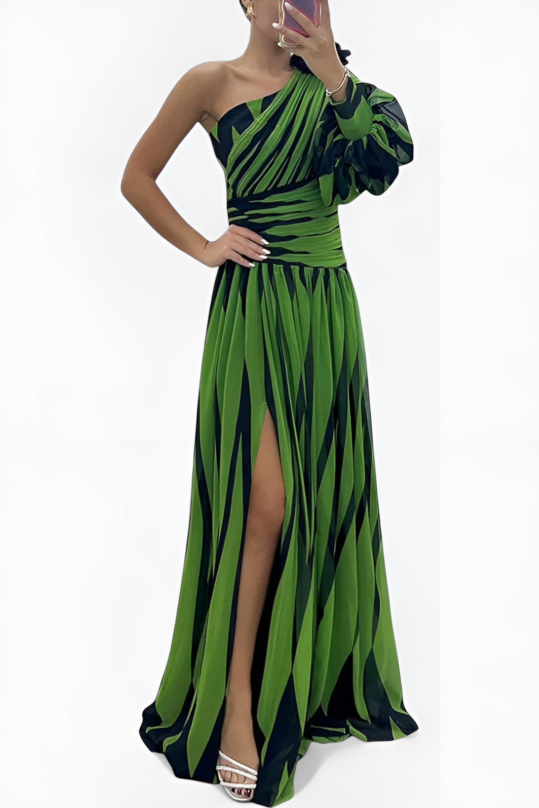 Loryvessa | One Shoulder Pleated Maxi Dress with Puff Sleeve