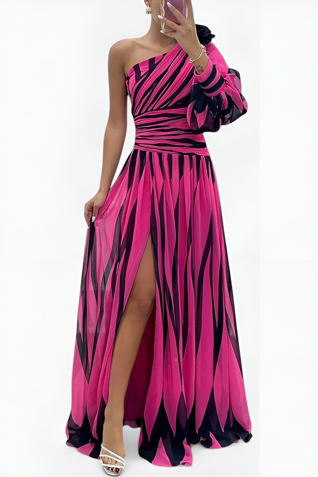 Loryvessa | One Shoulder Pleated Maxi Dress with Puff Sleeve