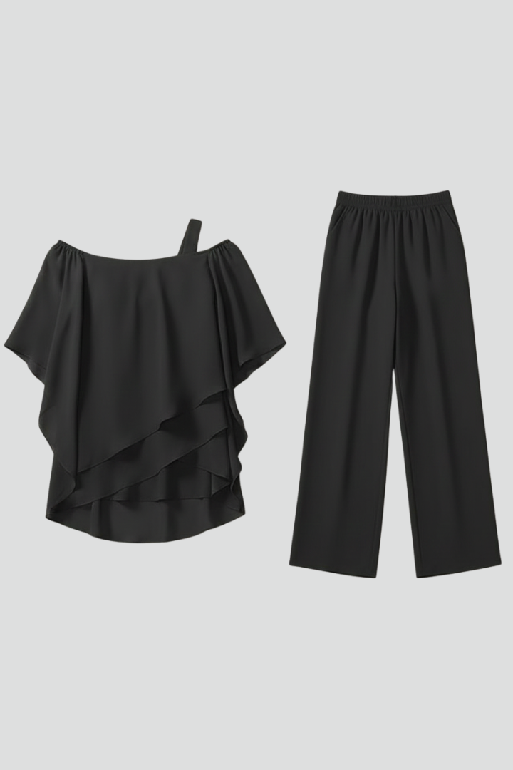 Lucienne | Off Shoulder Wide Leg Jumpsuit With Overlay