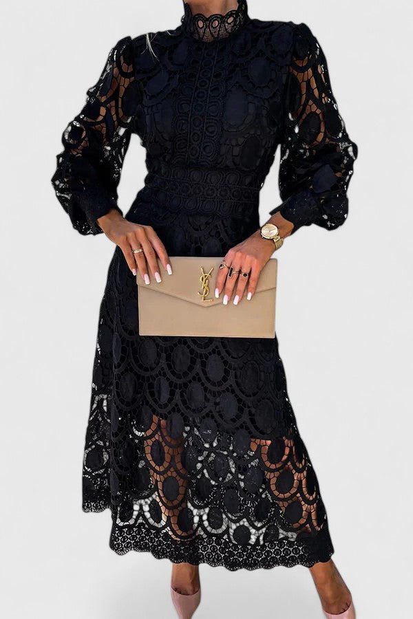 Lurevia | Elegant Lace Midi Dress with High Neck