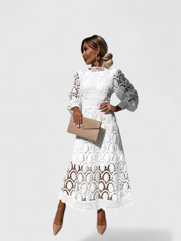 Lurevia | Elegant Lace Midi Dress with High Neck