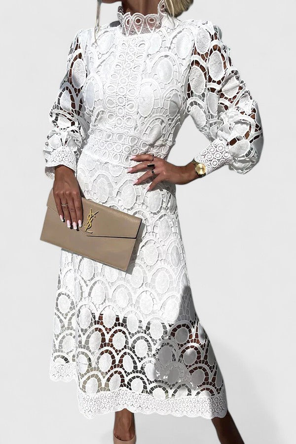 Lurevia | Elegant Lace Midi Dress with High Neck