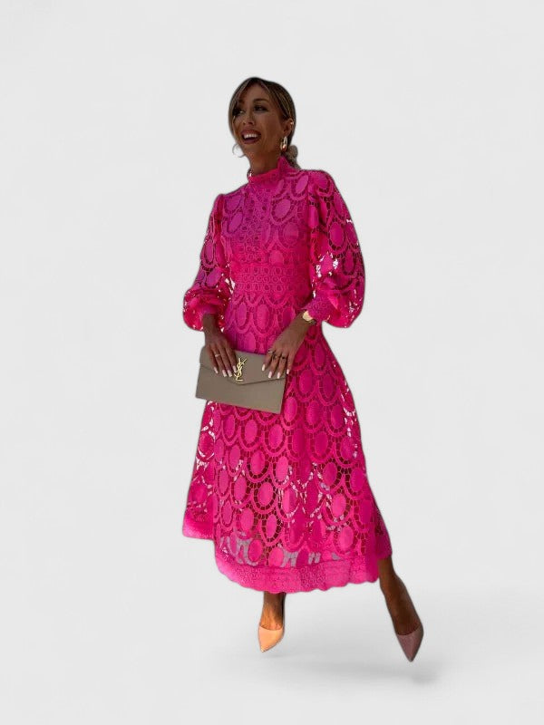 Lurevia | Elegant Lace Midi Dress with High Neck