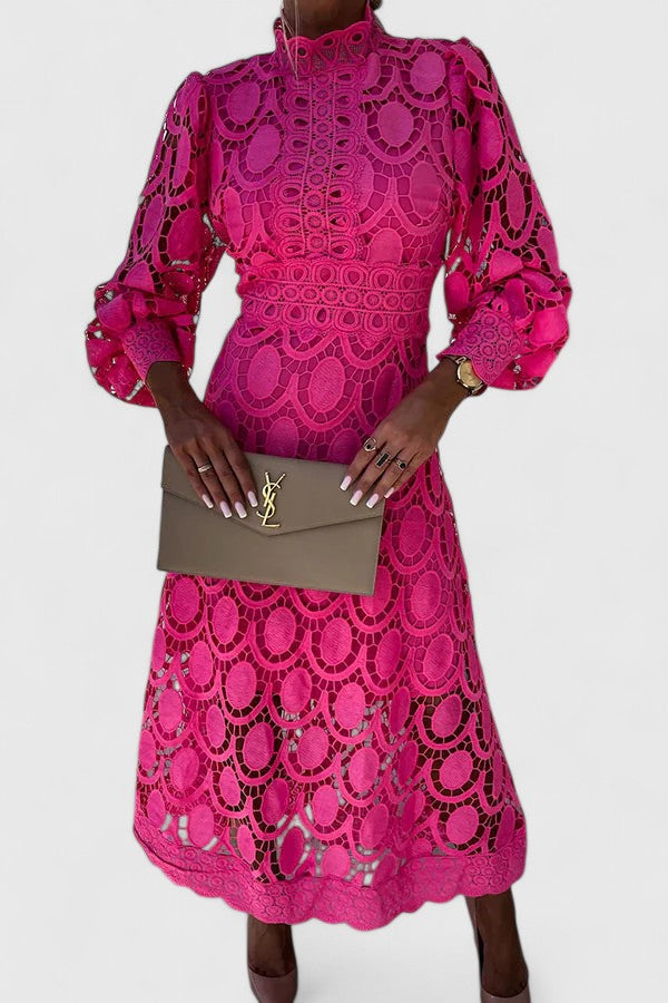 Lurevia | Elegant Lace Midi Dress with High Neck