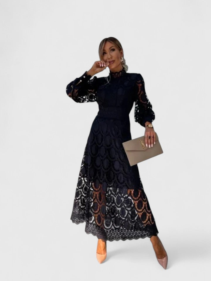 Lurevia | Elegant Lace Midi Dress with High Neck