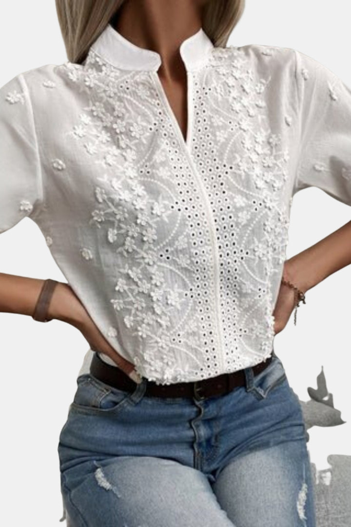 Lyrina | Elegant Eyelet Blouse with Mandarin Collar