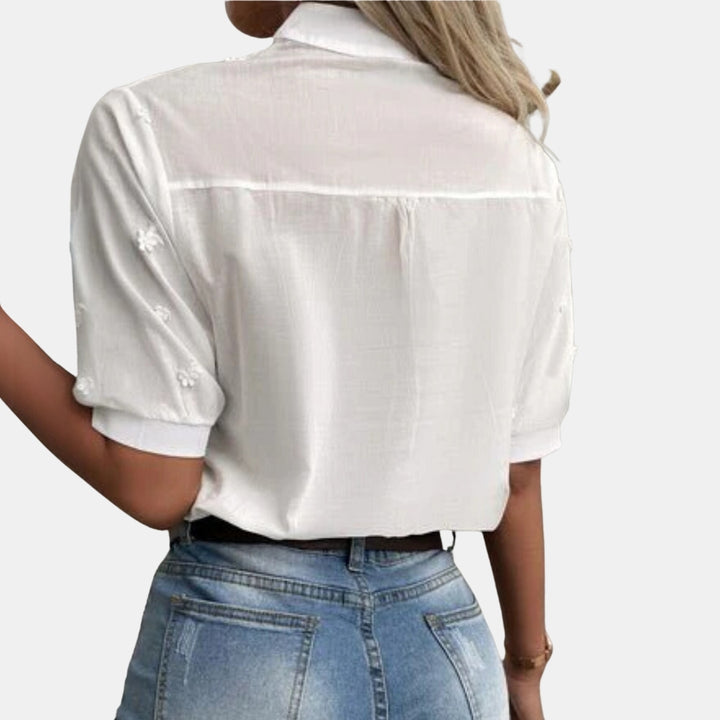 Lyrina | Elegant Eyelet Blouse with Mandarin Collar
