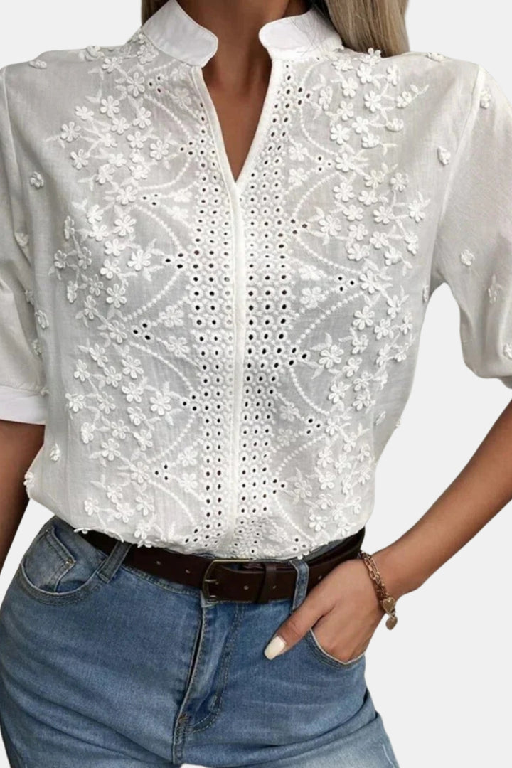 Lyrina | Elegant Eyelet Blouse with Mandarin Collar