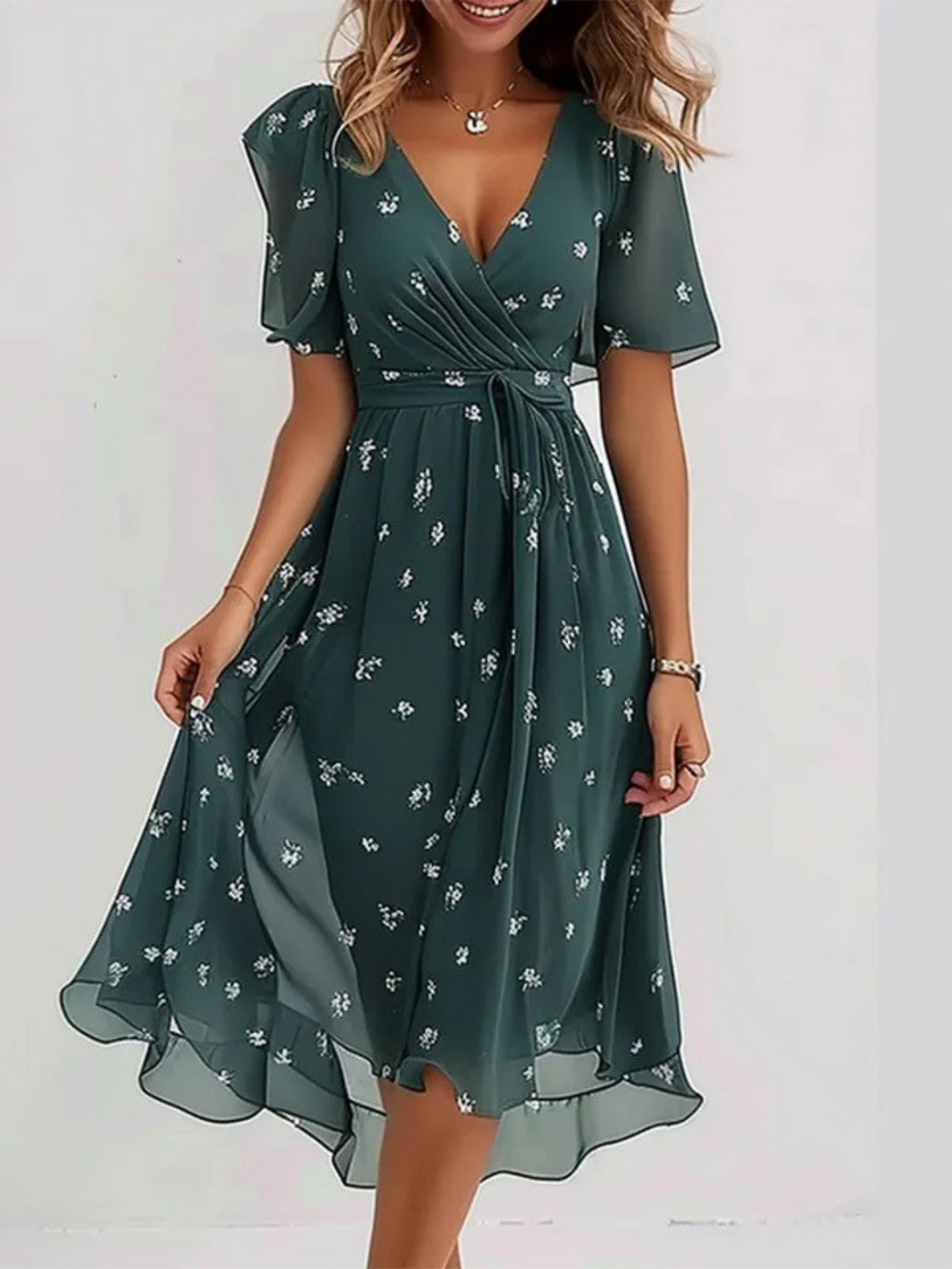 Marzelle | V-Neck Midi Dress with Pattern