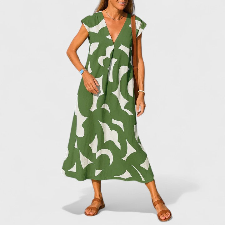 Maviera | Printed V-Neck Midi Dress with Short Sleeves