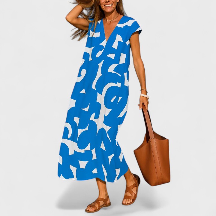 Maviera | Printed V-Neck Midi Dress with Short Sleeves