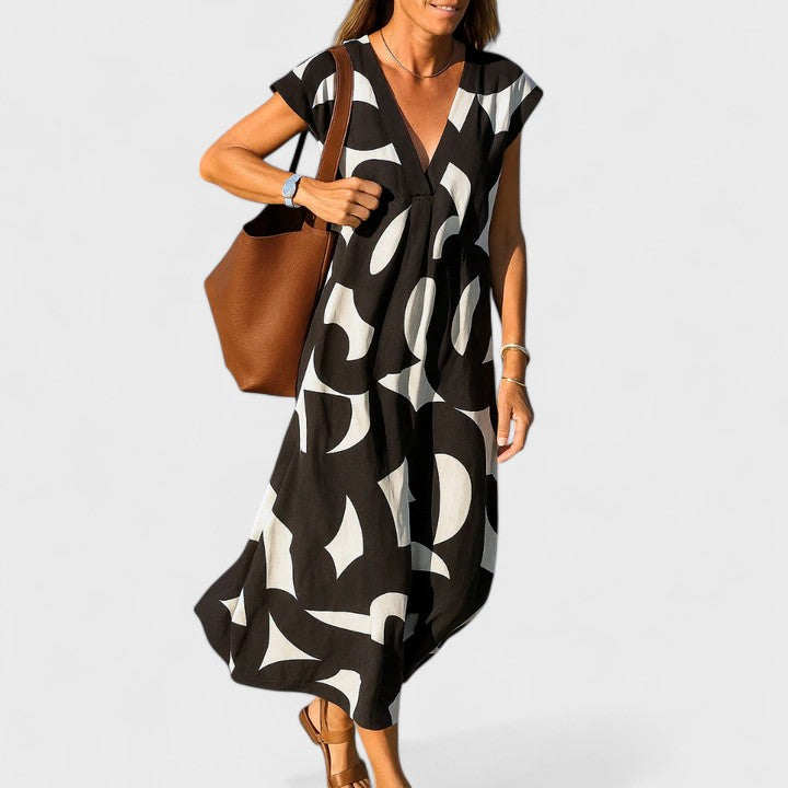 Maviera | Printed V-Neck Midi Dress with Short Sleeves