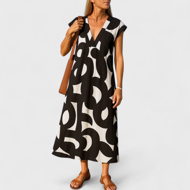 Maviera | Printed V-Neck Midi Dress with Short Sleeves