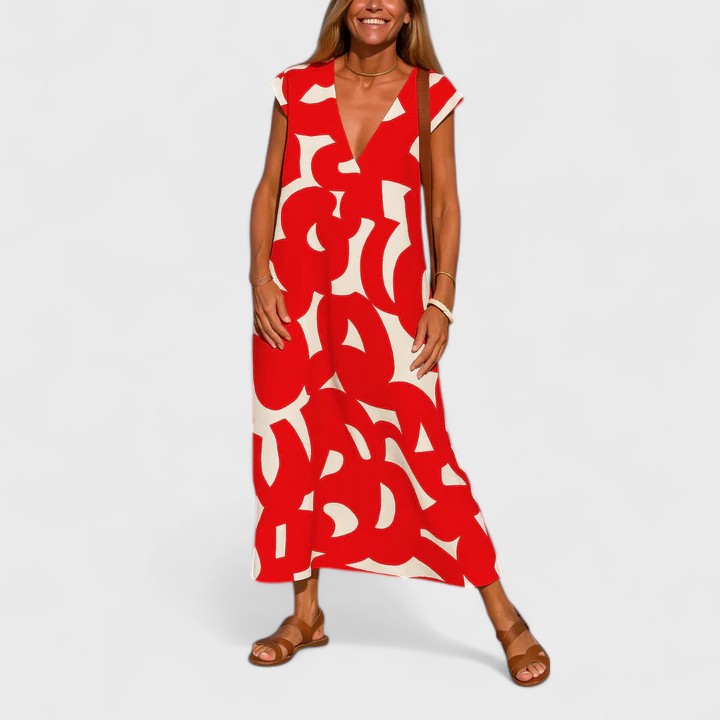 Maviera | Printed V-Neck Midi Dress with Short Sleeves