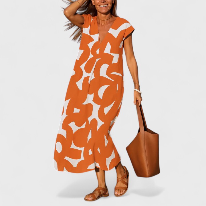 Maviera | Printed V-Neck Midi Dress with Short Sleeves