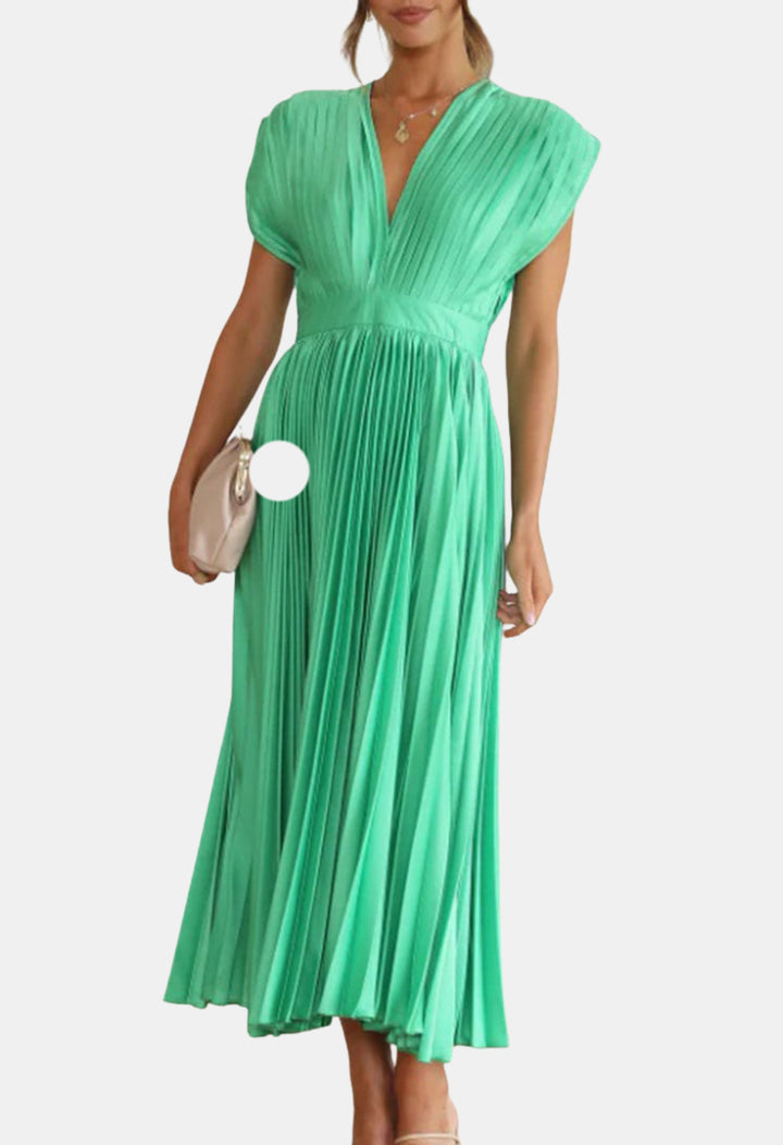 Mavyndra | Wedding Guest Pleated V Neck Midi Dress
