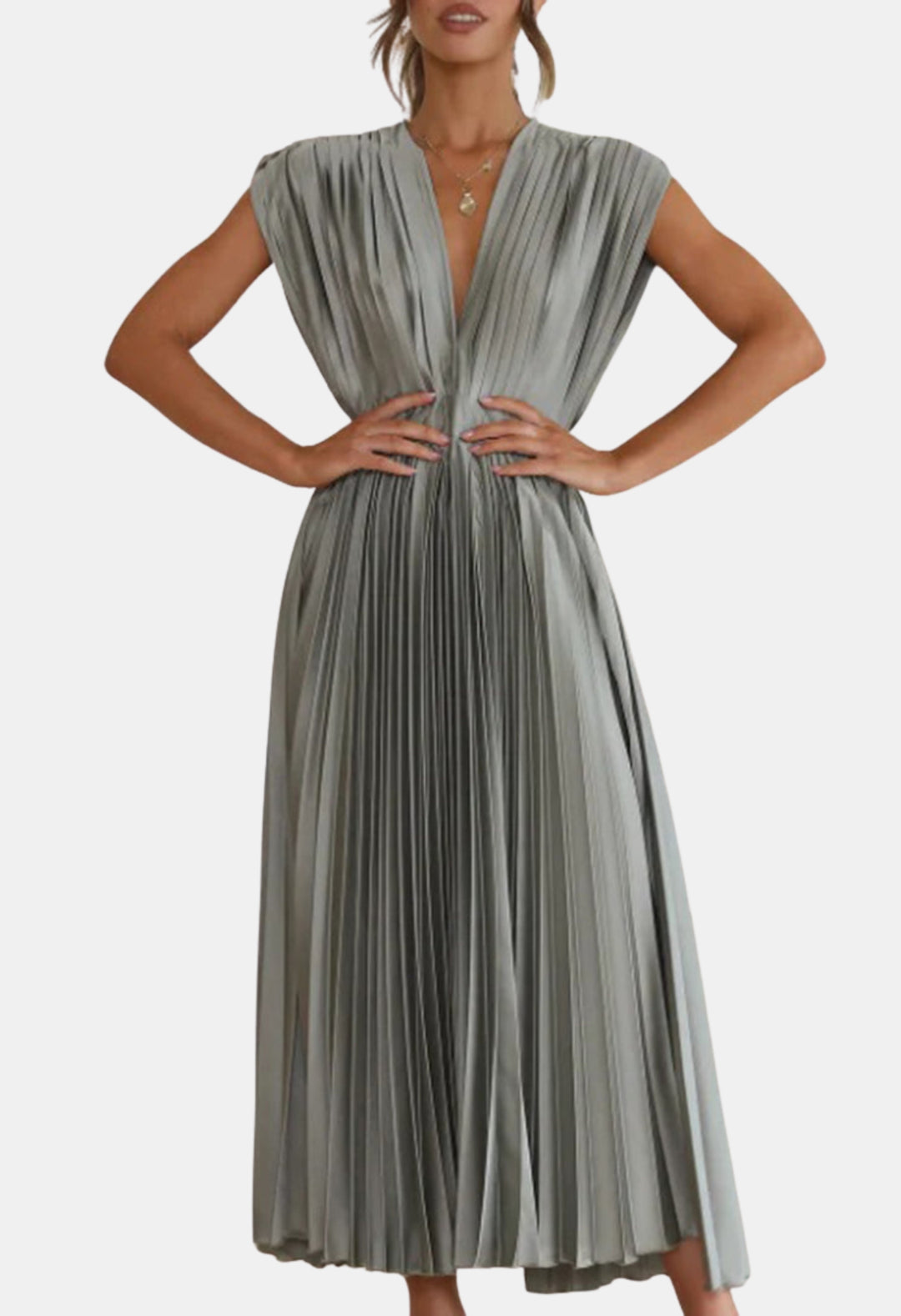 Mavyndra | Wedding Guest Pleated V Neck Midi Dress