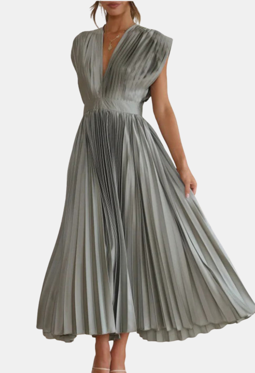 Mavyndra | Wedding Guest Pleated V Neck Midi Dress