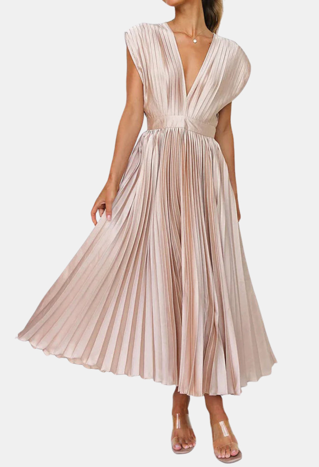 Mavyndra | Wedding Guest Pleated V Neck Midi Dress