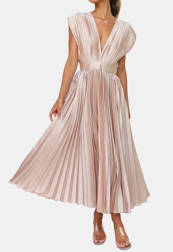 Mavyndra | Wedding Guest Pleated V Neck Midi Dress