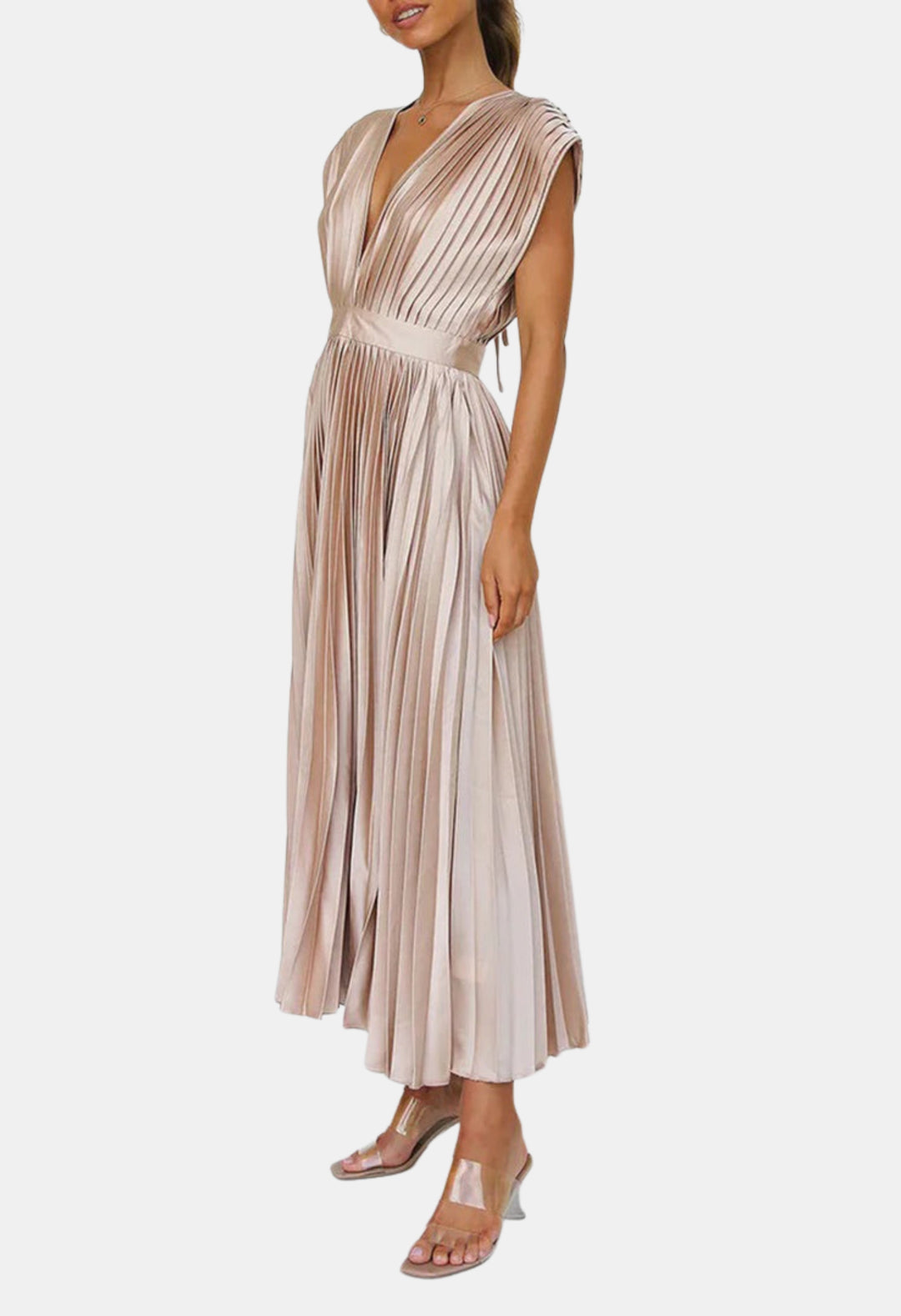 Mavyndra | Wedding Guest Pleated V Neck Midi Dress