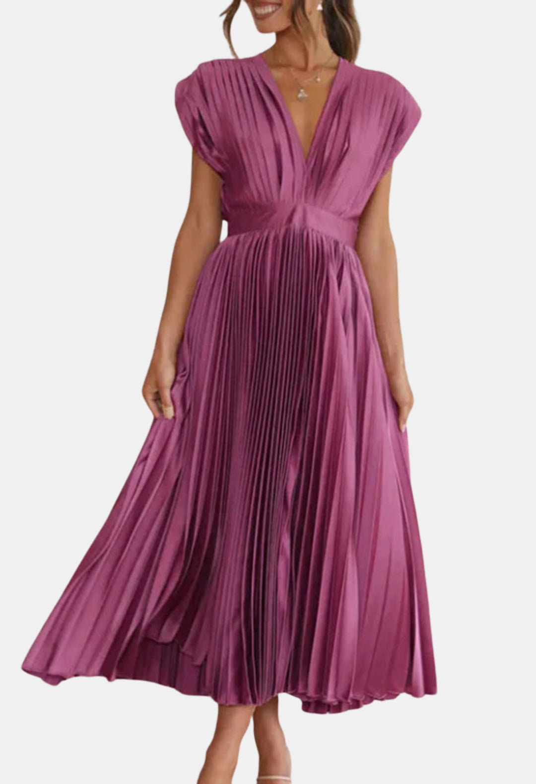 Mavyndra | Wedding Guest Pleated V Neck Midi Dress