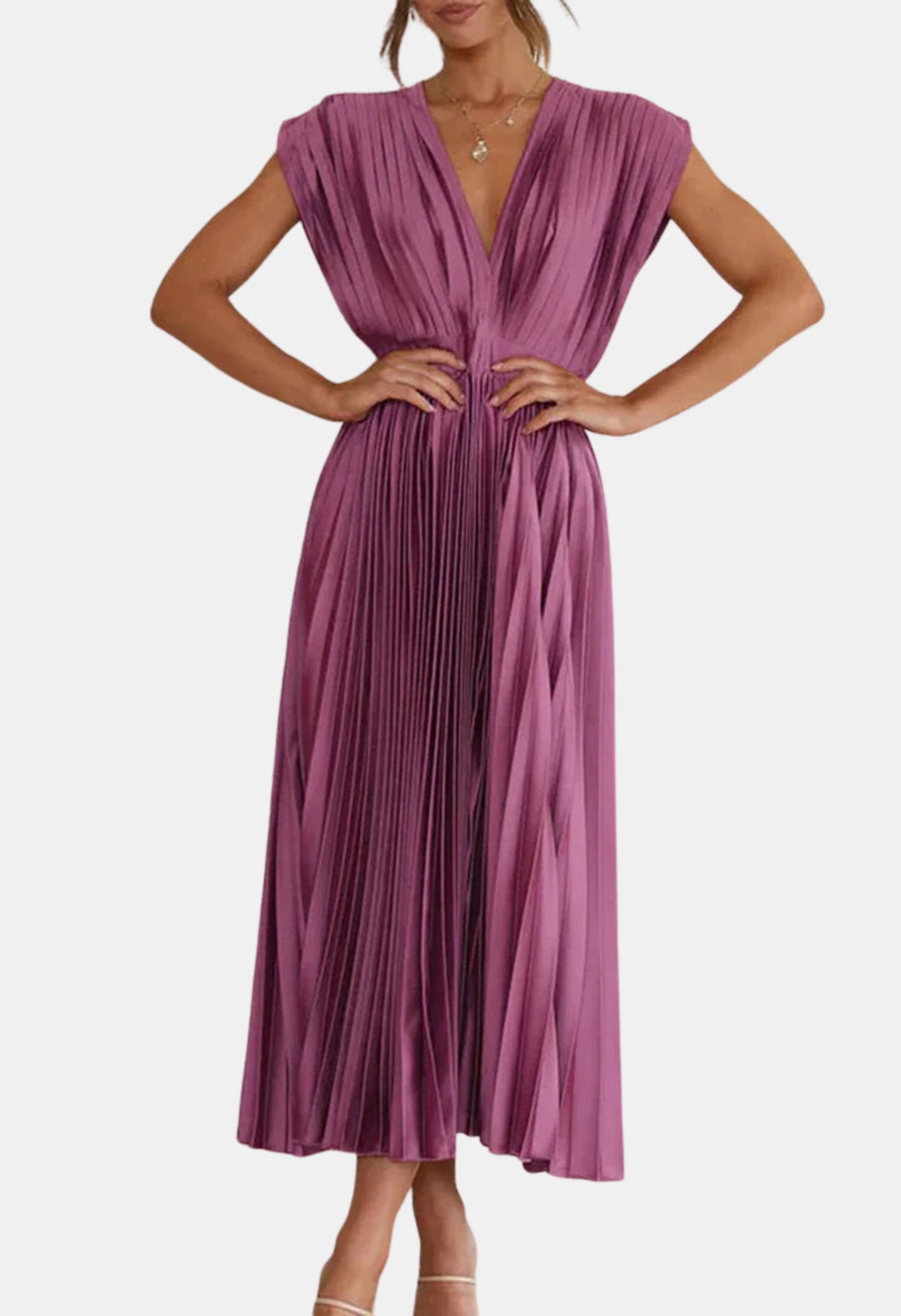 Mavyndra | Wedding Guest Pleated V Neck Midi Dress