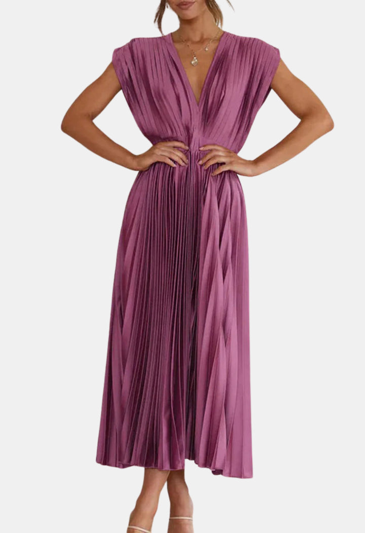 Mavyndra | Wedding Guest Pleated V Neck Midi Dress
