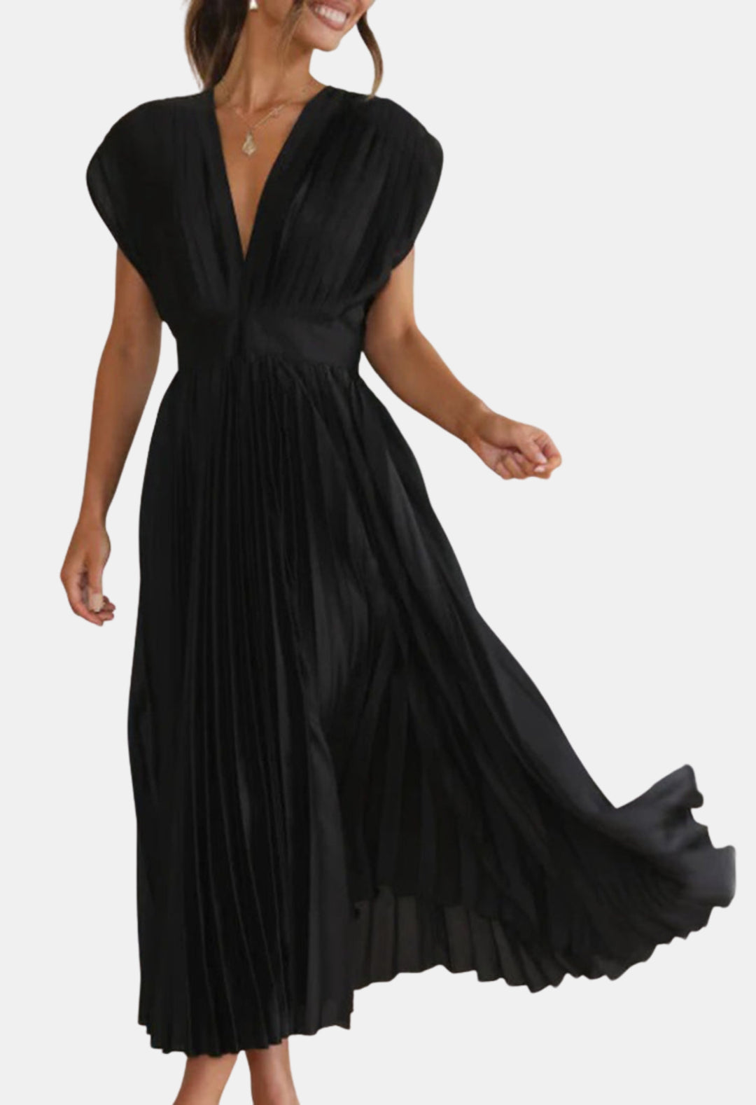 Mavyndra | Wedding Guest Pleated V Neck Midi Dress