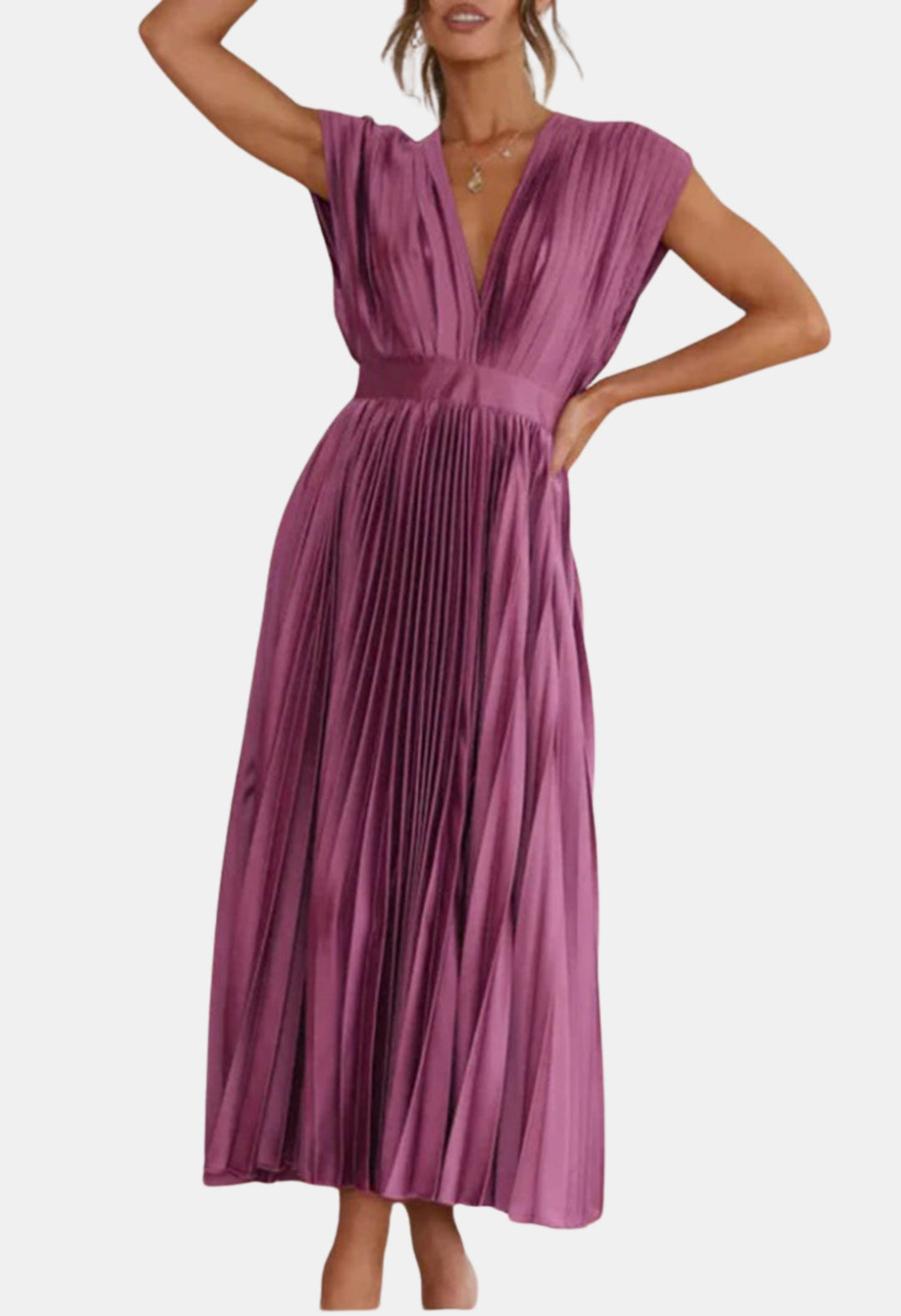 Mavyndra | Wedding Guest Pleated V Neck Midi Dress