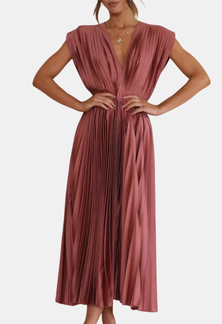 Mavyndra | Wedding Guest Pleated V Neck Midi Dress