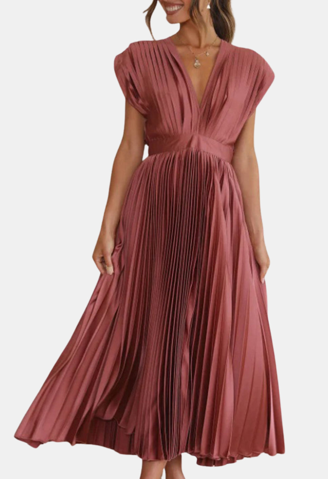 Mavyndra | Wedding Guest Pleated V Neck Midi Dress