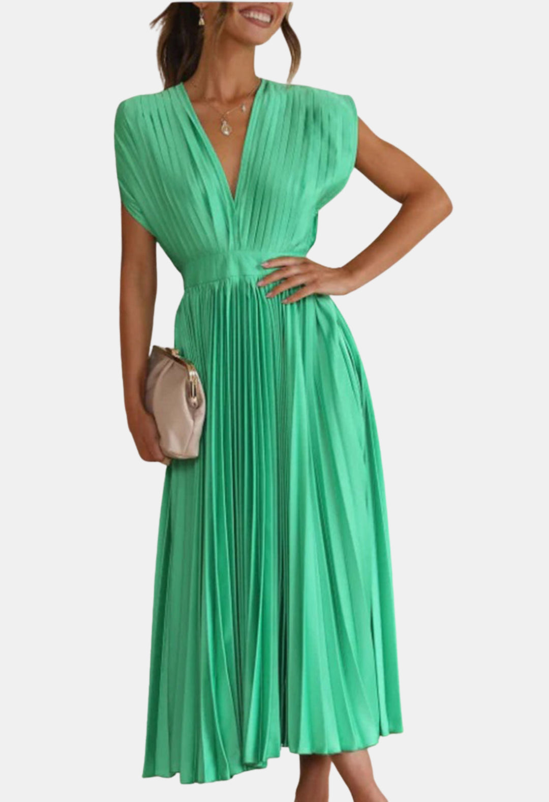 Mavyndra | Wedding Guest Pleated V Neck Midi Dress